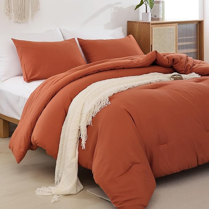 ROSGONIA Twin Comforter for College Girls Boys Teens Burnt Orange, 1 Boho Comforter & 1 Pillowcase, Soft Kids Comforter Sets All Season Dorm Bedding