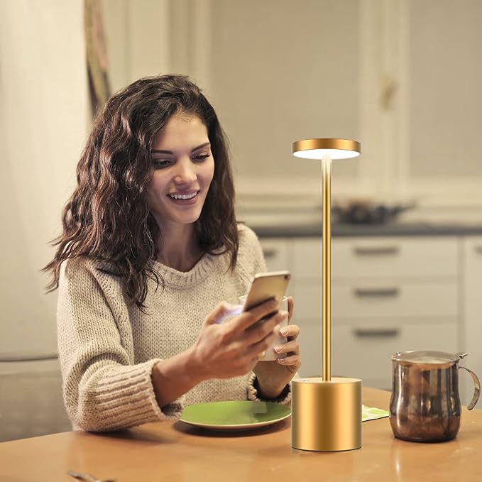 Rechargeable Cordless LED Table Lamp, Portable USB Metal Desk Lamp 6000mAh Battery Operated 3 Level Dimmable Reading Lights for Bedside Nightstand Restaurant Parlor Dining 2Pack Gold