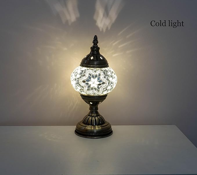 Turkish Mosaic Lamp Bohemian Tiffany Style Stained Glass Bedside Lamp for Bedroom (White)