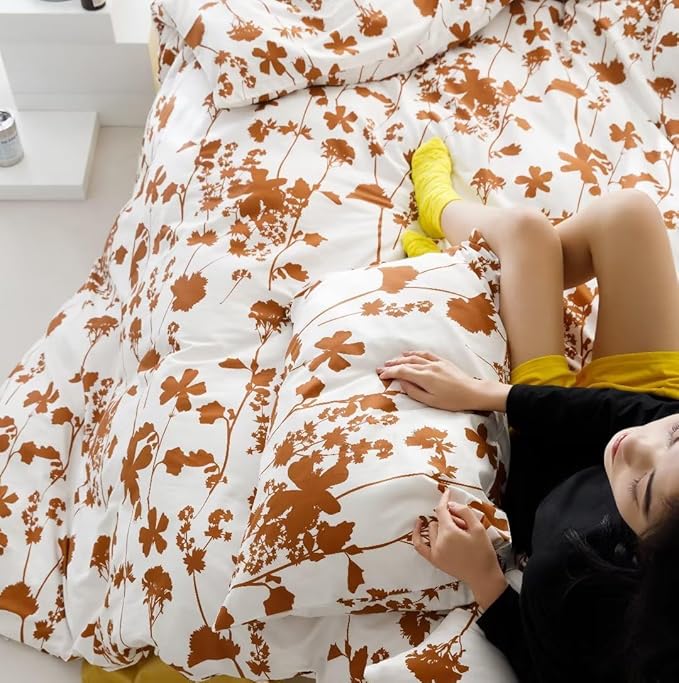 Botanical Comforter Set King White and Pumpkin Floral Plant Bedding Comforter Set Girls Garden Pattern Printed on White Blanket Rustic Leaf Blossom Women White Farmhouse Comforter King