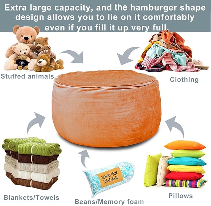 Bean Bag Chair Cover, Stuffed Animal Storage, Plush Toys Organizer Holder, Beanbag Chairs Cover for Kids Teans and Adults Super Soft and Comfortable Fabric X-Large with Handle and Zipper - Round Brown
