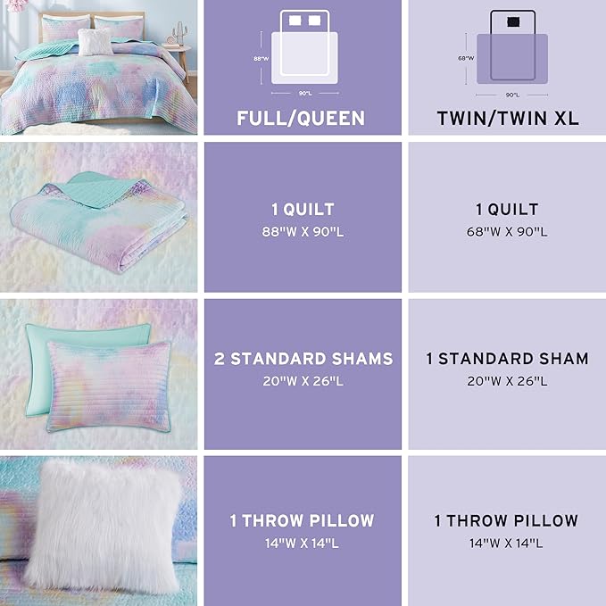 Intelligent Design Queen Quilt Set Boho Quilt Set, Watercolor Tie-Dye Coverlet Set, Casual & Trendy Quilted Lightweight Bedspread, All Season Bed Set, Shams, Cassiopeia, Full/Queen, Pink/Blue 4 Piece