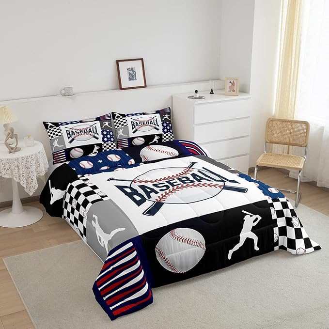 Erosebridal Baseball Quilt Set Teen Boys Baseball Bedding Comforter Set Queen Size Bed,Kids Sports Bed Comforter Sets Black White Geometric Checkered Grids Duvet Set for All Season 2 Pillowcases