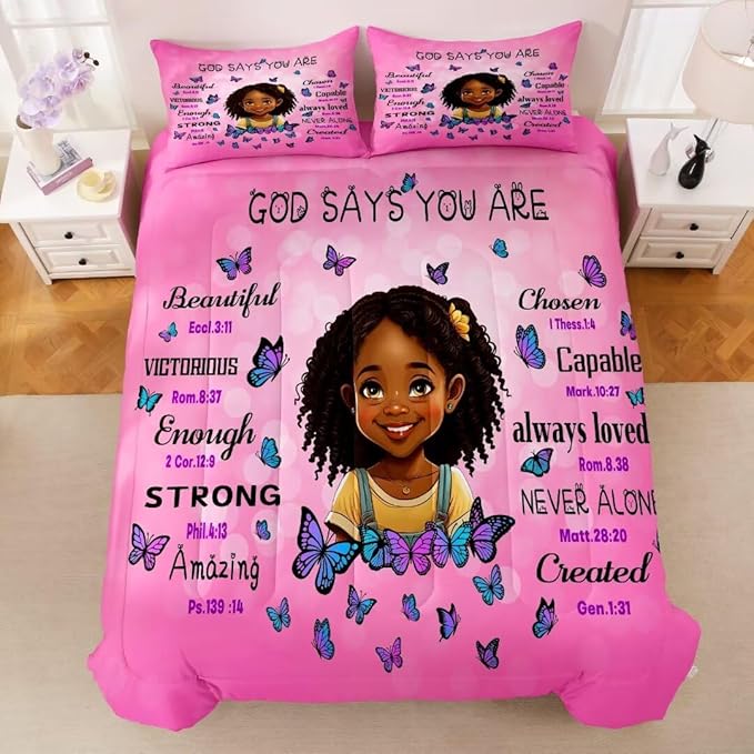 Black Girl Comforter Set Full for Kids Teens,God Says You are Comforter Set for Black Women,Black Girl Magic Bedding Set,African American Girl Bed Bedroom Set