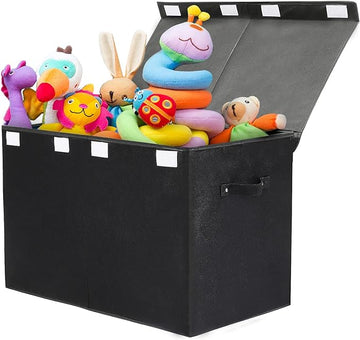 popoly Large Toy Box Chest Storage with Flip-Top Lid, Collapsible Kids Storage Boxes Container Bins for Toys, Playroom Organizers, 25"x13" x16" (Linen Black)