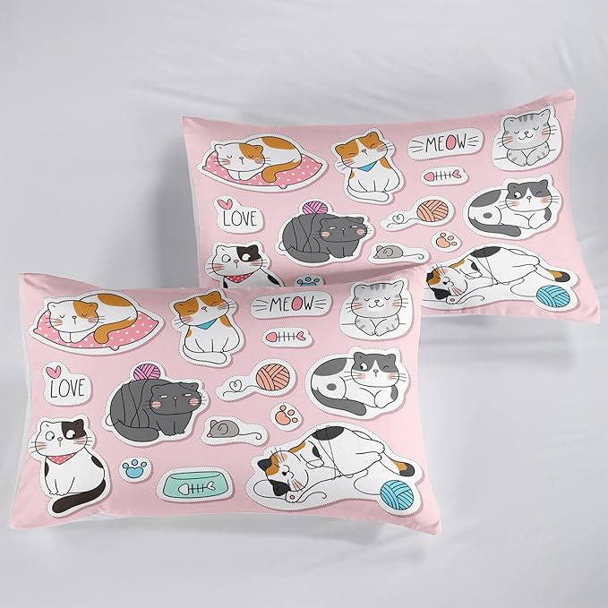 CVHOUSE Cat Bedding,Cartoon Cat Comforter Twin,Animals Print Comforter Set for Kids,Kawaii Quilt Set with 1 Comforter and 2 Pillow Cases