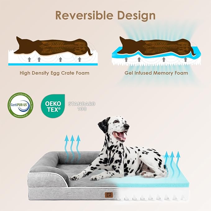 EHEYCIGA Orthopedic XL Dog Beds, Waterproof Memory Foam Dog Bed for Extra Large Dogs, Non-Slip Bottom and Egg-Crate Foam Big Dog Couch Bed with Washable Removable Cover, Grey