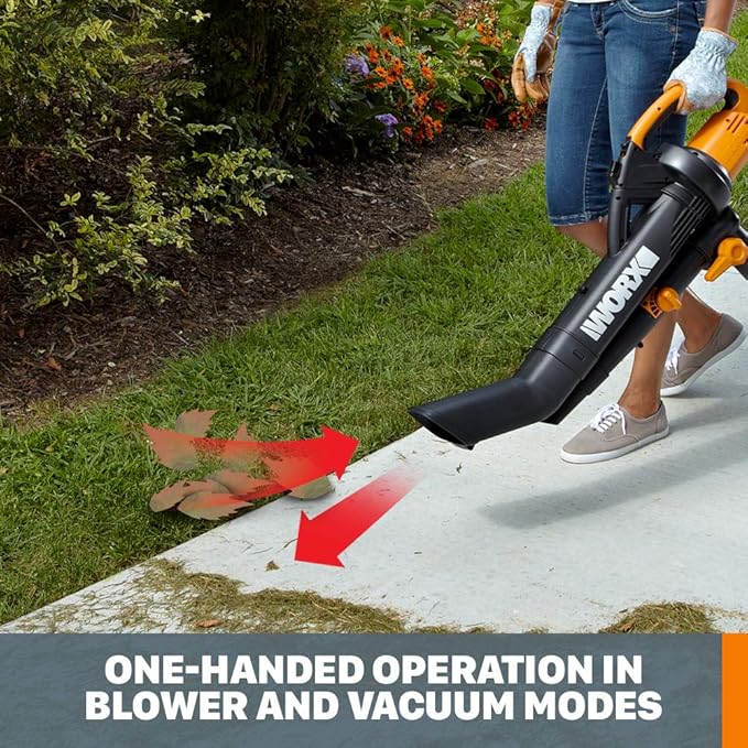 WORX WG505 TRIVAC 12 Amp 3-in-1 Electric Leaf Blower/Leaf Vacuum/Mulcher, Metal Impeller for Fine Mulching