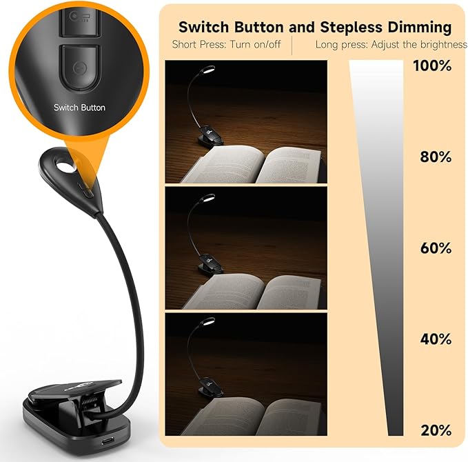 Book Lights for Reading in Bed, 12 LEDs Rechargeable Battery Clip Lamp with 3 Lighting Color, Stepless Dimming, Eye Protection, 80 Hours Runtime, 360° Flexible Gooseneck, Lightweight, Portable