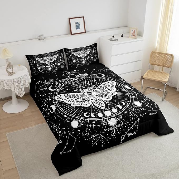 Erosebridal Bohemian Moth Comforter Halloween Skull Bedding Set Full Size Sun Moon Constellation Duvet Set for Kids Boys Girls Teens Gift Gothic Moth Skull Skeleton Bones Lightweight Down Comforter