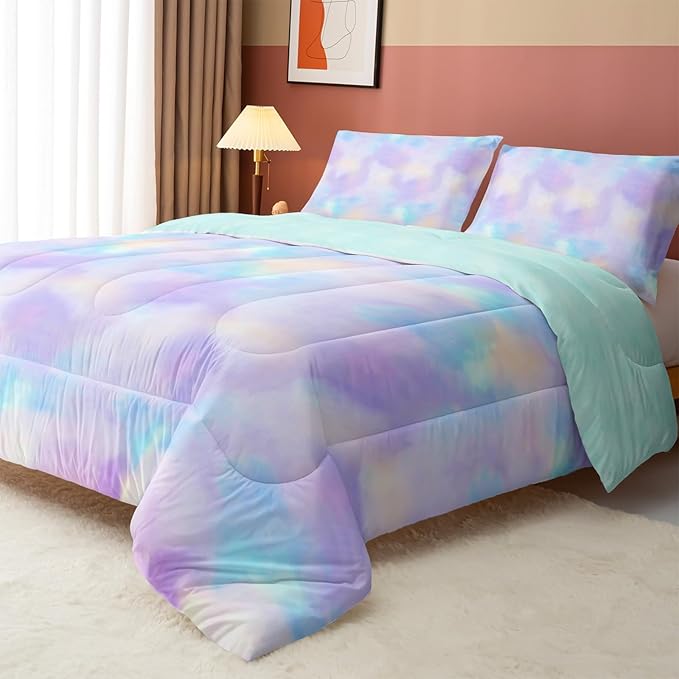 Axolotl Tie Dye Bedding Set Twin,Pink Blue Purple Comforter Set,Boho Psychedelic Bedding Colorful Tie Dye Pastel Comforter Set,Rainbow Bedding Set for Kids Girls Teens Women,1 Quilt 2 Pillowcases