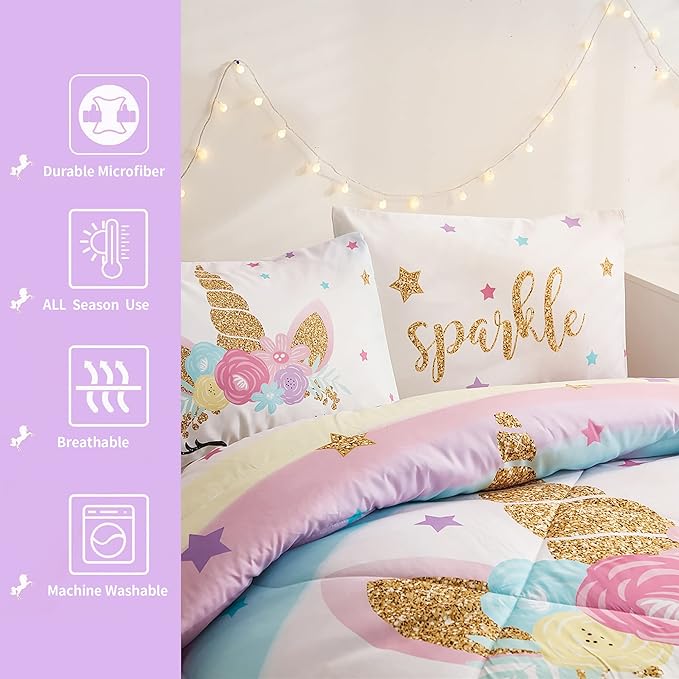 Twin Size Comforter Set for Girls, 3-Piece Bed in a Bag, 3D Colorful Unicorn Bedding Comforter Sheet Set, Ultra Soft and Fluffy, Pink & Rainbow Color