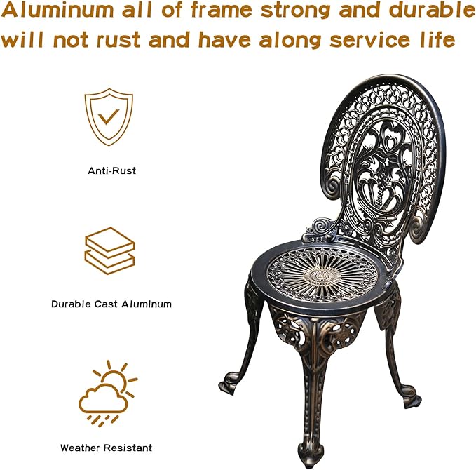 Patio Bistro Set.Rust-Resistant Cast Aluminum Bistro Table Set with Umbrella Hole for Backyard (Crown Copper)