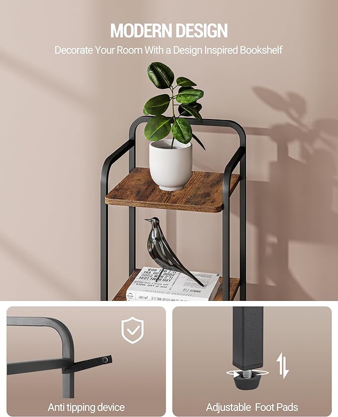 Bookcase Bookshelf, Narrow Book Shelf, Industrial Coner Shelf Storage Organizer, Slim Shelving Unit for Home Office, Living Room, Bedroom, Kitchen, 5-Tier Rustic Brown BC24501B