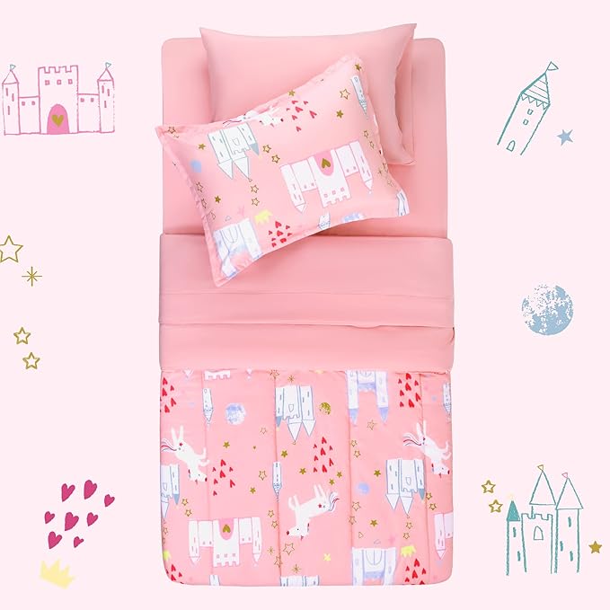 SLEEP ZONE Kids Twin Bedding Comforter Set - Super Cute & Soft Kids Bedding 5 Pieces Set with Comforter, Sheet, Pillowcase & Sham (Unicorn Castle)