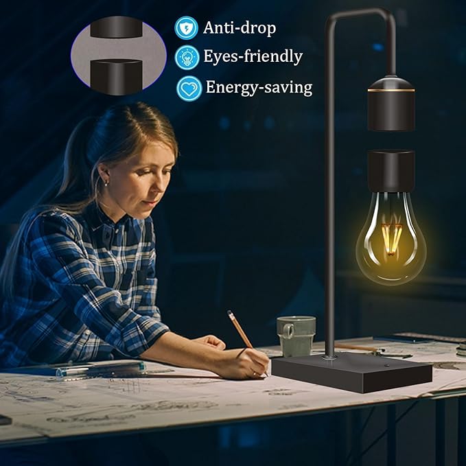 Magnetic Levitating Light Bulb Levitation Plastic Black Table Lamps Zero-Gravity Warm White LED Night Light Floating Lamp for Bedrooms Decoration Office Desk Toys Cool Festival Gifts