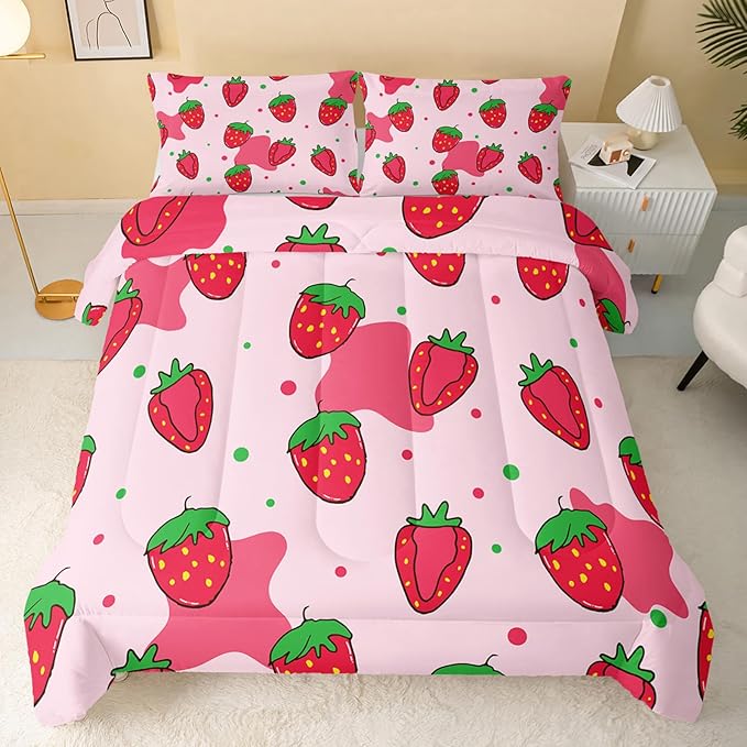 Kawaii Comforter Full,Pink Strawberry Comforter Set for Kids Teens Girls,3Pcs Bedding Set Printed Comforter with 2 Pillowcases,Down Alternative,Soft and Lightweight，Full Size