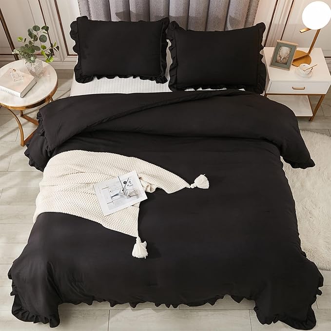 Andency California King Comforter Set Black (104x96Inch), 3 Pieces Cal King Ruffle Comforter, Oversized Farmhouse Shabby Chic Bed Comforter, Lighteweight and Soft Microfiber Bedding Set