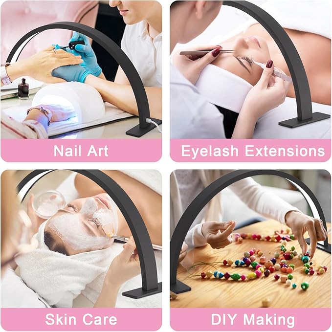 Half Moon Desk Lamp for Nail Techs, Adjustable Brightness Color Mode Arch LED Table Light with 2520 Lumens for Professional Manicure Salon, Tattoo, Eyelash Extensions, Reading- Black