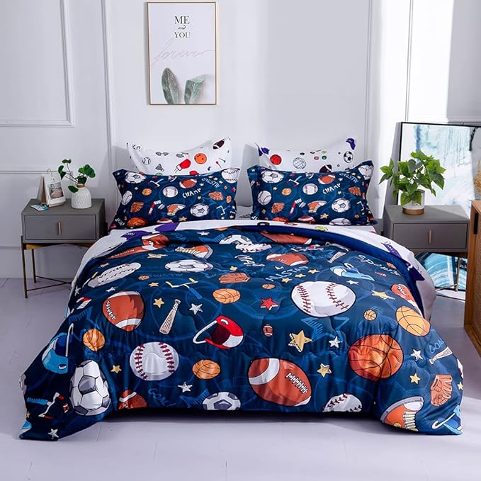 Wajade Sports Comforter Set Bed in A Bag Full Size 7 Piece 3D Soccer Basketball Baseball Football Bedding Set for Kids Boys (1 Comforter, 1 Flat Sheet, 1 Fitted Sheet, 2 Pillowcase and 2 Pillow Sham)