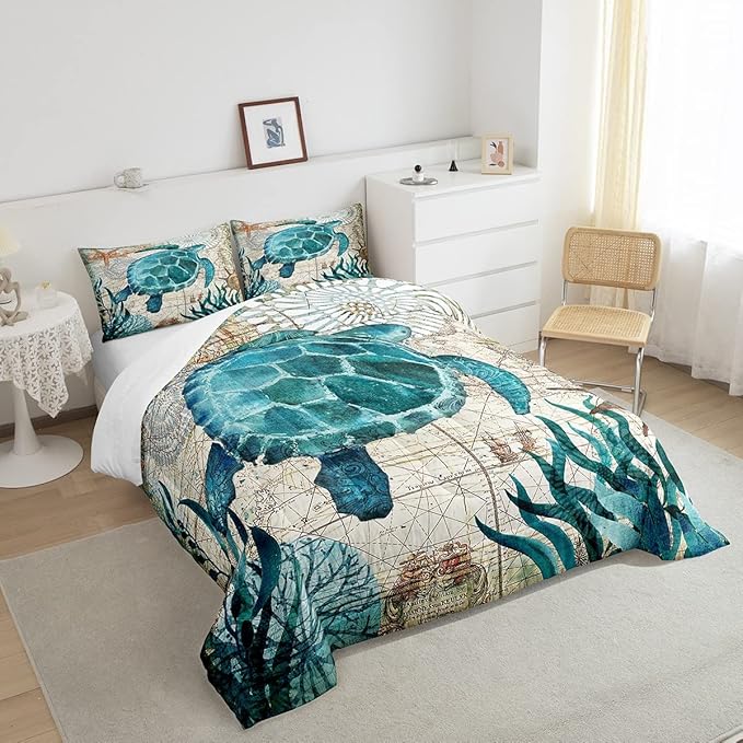 Erosebridal Turtle Bedding Teal Turtle Comforter Set Turquoise Ocean Themed Mediterranean Style Printed Design Ocean Turtle Down Quilted Duvet Set Twin Size 1 Comforter 1 Pillowcase (Twin, Turtle)