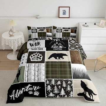 Camper Adventure Kids Comforter Set Twin Size,Deer Antlers Bear Paws Rustic Farmhouse Bedding Set for Boys Girls Adults Room Decor,Atzec Arrows Boho Down Comforter,Camo Duvet Insert,1 Pillowcase