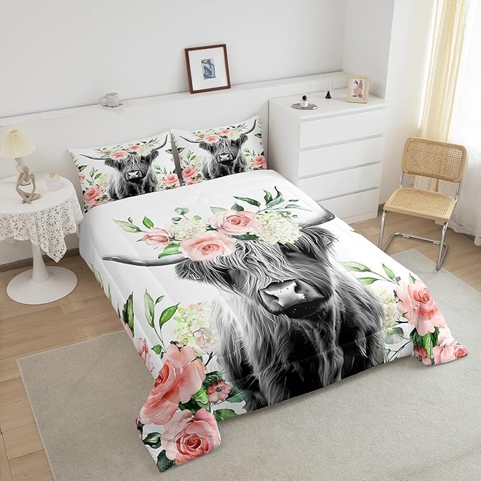 Highland Cow Bedding Set Kids Rose Floral Bull Cattle Comforter Set for Girls Teens Western Wildlife Animal Comforter Farmhouse Duvet Set Room Decor Quilt Set Full Size