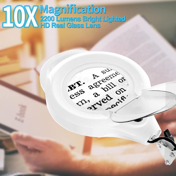 10X Magnifying Lamp with Clamp, 2200 LM Super Bright and Stepless Dimming Magnifying Glass with Light, Real Glass Lens Lighted Magnifier Lamp for Close Work, Crafts, Reading, Repair -White