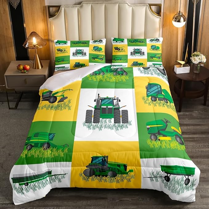Boys Cartoon Truck Car Down Comforter King Size Kids Construction Vehicles Tractor Comforter Set for Kids Children Farm Excavator Bedding Set Construction Site Cars Duvet Set, Green Yellow