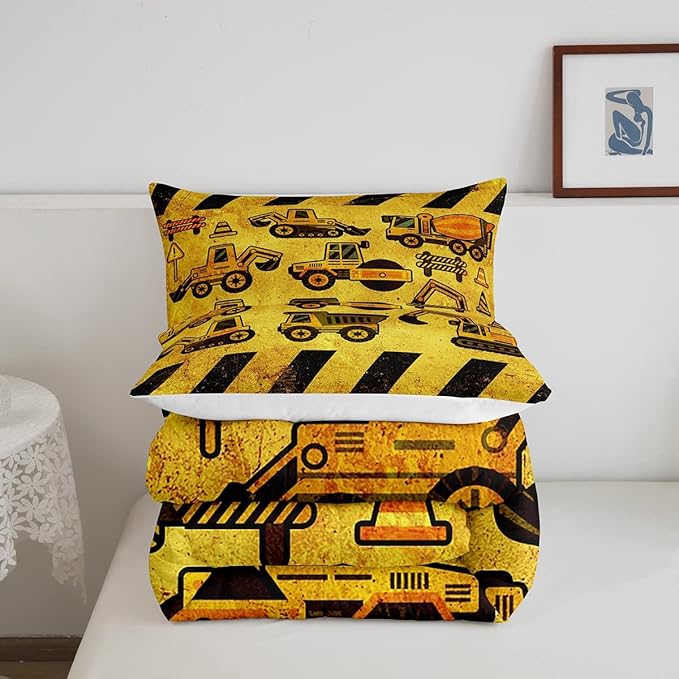 Tractor Bedding Set Full Size, Equipment Truck Comforter Set, Construction Excavator Down Comforter, Yellow Vehicle Super Soft Quilt Set For Kids Boys Teens, Construction Site Car Comforter Decor