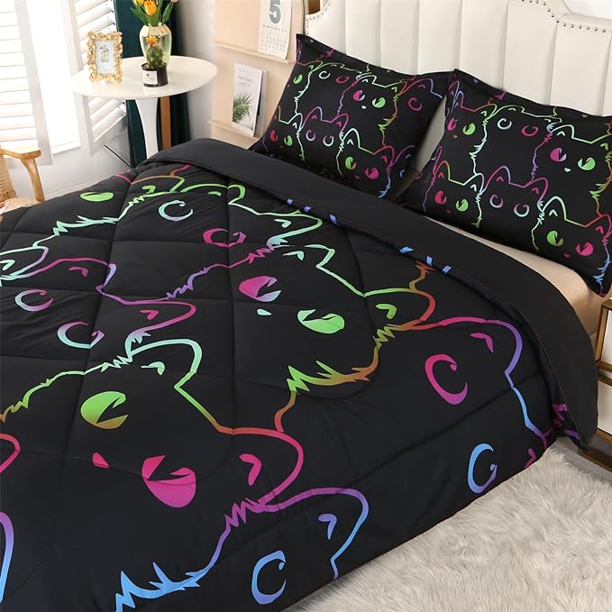 ENCOFT Kids Bedding Set Cat Comforter Set Full for Girls and Boys 3 Piece Cartoon Bed Set Black Comfortable and Breathable All Season for Teens and Adults Room Decor with 1 Comforter and 2 Pillowcases