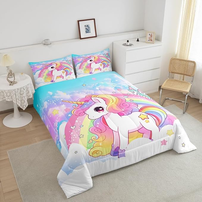 Manfei Cute Unicorn Kids Comforter Set Twin Size,Rainbow Stars Cloud Dreamy Bedding Set,Girls Women Room Decor,Cartoon Animals Castle Girly Down Comforter,Pink Blue Unique Duvet Insert,1 Pillowcase