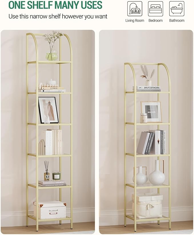 Bookcase Bookshelf, Tempered Glass Arched Bookshelf for More Storage, Slim Shelving Unit for Bedroom, Bathroom, Home Office, Steel Frame, 6 Tier Gold BC20699G