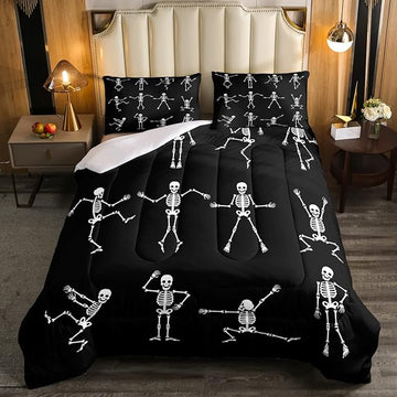 Erosebridal Sugar Skull Comforter Set King Size Skeleton Bones Bedding Set for Kids Boys Girls Teens Adult Halloween Horror Theme Down Comforter Gothic Spooky Duvet Sets with 2 Pillow Cases