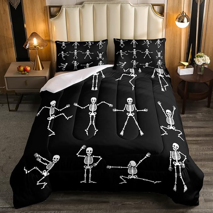 Erosebridal Sugar Skull Comforter Set Twin Size Skeleton Bones Bedding Set for Kids Boys Girls Teens Adult Halloween Horror Theme Down Comforter Gothic Spooky Duvet Sets with 1 Pillow Case