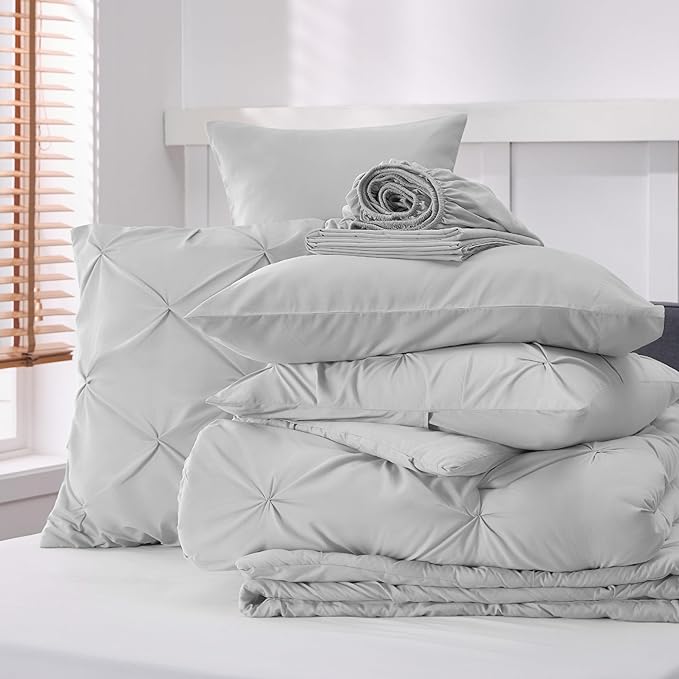 Bedsure Light Grey King Size Comforter Set - Bedding Set King 7 Pieces, Pintuck Bed in a Bag Green Bed Set with Comforter, Sheets, Pillowcases & Shams