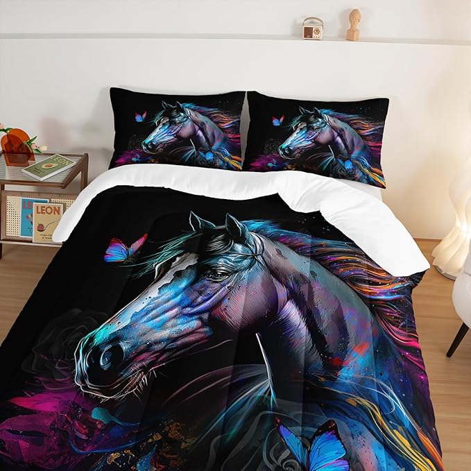 HOSIMA 3 Pieces Art Horse Comforter with 2 Pillowcases,Wildlife Horse Butterfly Black Queen Comforter Set Boys Teens Aesthetic Room Decor,Animal Bedding Queen Size Bed in a Bag Sets for adults.
