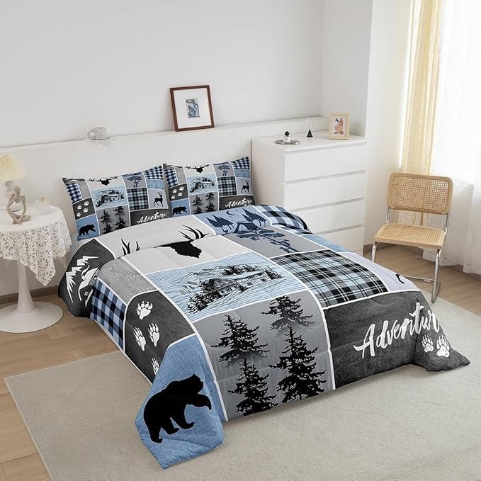 Manfei Deer Antler Comforter Set Queen Size,Bear Paws Rustic Farmhouse Xmas Bedding Set for Kids Boys Girls Adults Room Decor,Plaids Patchwork Adventure Down Comforter,Blue Duvet Insert,2 Pillowcases