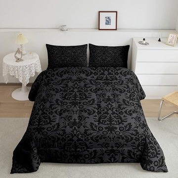 Erosebridal Adults Black Damask Bedding Set Antique Victorian Baroque Down Comforter King Gothic Vintage Floral Comforter Set Bohemian Exotic Bedding Quilted Bedroom Decor 2 Pillow Cases