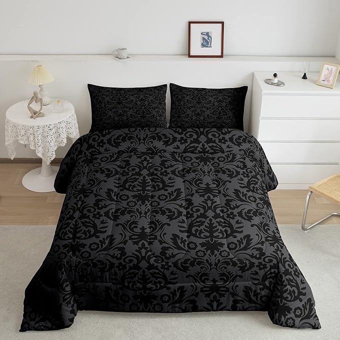 Erosebridal Adults Black Damask Bedding Set Antique Victorian Baroque Down Comforter King Gothic Vintage Floral Comforter Set Bohemian Exotic Bedding Quilted Bedroom Decor 2 Pillow Cases