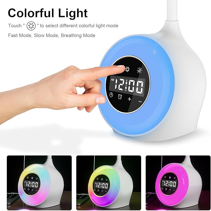 Desk Lamp with Alarm Clock, Sunrise Alarm Clock for Bedrooms,Digital Clock with Colourful Light, Cool Stuff Alarm Clocks for Kids