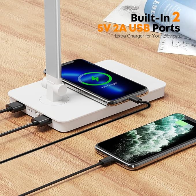 Desk Lamp Eye-Caring LED Table Lamp Dimmable Bedside Lamp with 2 USB Charging Ports and 10 Brightness Levels x 5 Colour Modes Touch Control Daylight Lamp for Office, Bedside, Reading- Auto Timer