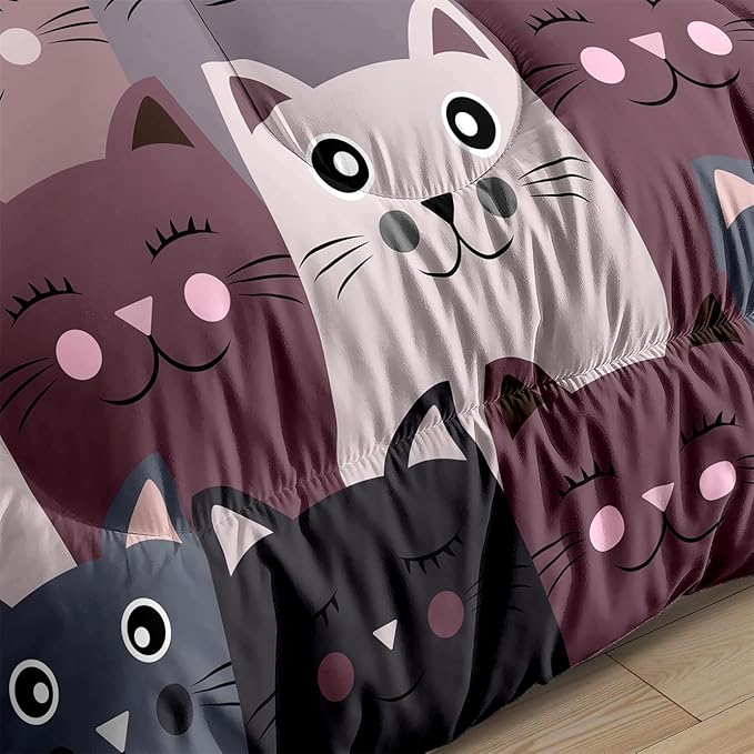 Cartoon Cat Bedding Set - 3Pcs Cute Cat Comforter Set for Bedroom Kids Boys Girls Cat Bedding Decor for All-Season Kawaii Kitten Pattern Lovely Animal 1 Cat Comforter with 2 Pillowcases, Queen Size