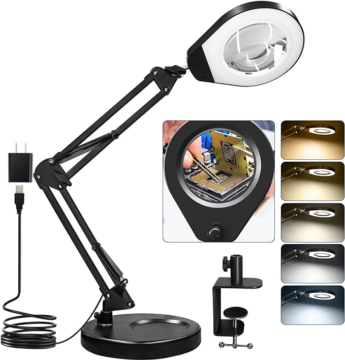 Magnifying Glass with Light and Stand & Clamp, Magnifying Desk Lamp with LED Lighted 5X Magnifier, Dual Fixtures, Upgraded Switch, for Hobby Craft Repair Reading Precision Work