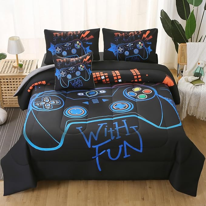 6Pcs Game Console Comforter Set with Sheets for Boys Girls Kids Teens, Geometric Gaming Themed Bed in A Bag Twin Size, 3D Video Gamer Controller Bedroom Decor Bedding Set(Blue)