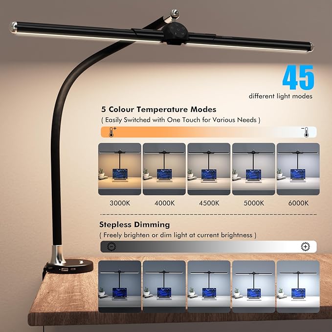 Megainvo LED Desk Lamp with Clamp, 24W Desk Light w/Timer & USB Charging for Home Office, Eye-Care Desk Lamps 5 Color Modes Stepless Dimming Adjustable Table Light for Monitor Work Study Reading