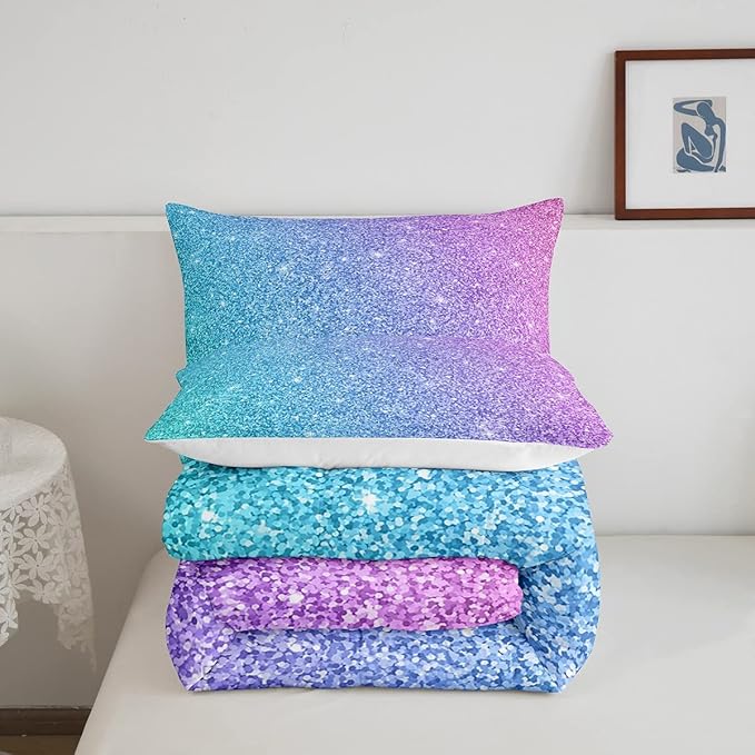 Colorful Glitter Bedding Full Girly Turquoise Teal Blue Pink Pastel Girls Comforter Set 3 Pcs Trendy Quilt Duvet for Kid Women Down Comforter with Sparkle Sequin Pattern Bling Bedroom Decor Bed Cover