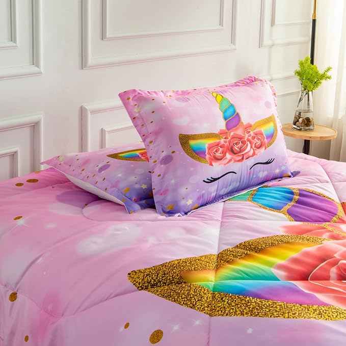 Unicorn Queen Bedding Sets for Girls Kids Comforter Set Queen Size with 2 Pillowcases Purple Unicorn Room Decor for Girls Bedroom Ultra Soft Machine Washable Toddler Bed Set