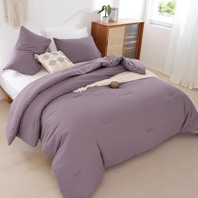 ROSGONIA Dusty Purple Comforter Set Queen, 3pcs (1 Boho Comforter & 2 Pillowcases) All Season Bedding Lightweight Bedspread Blanket Quilt Bed