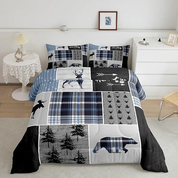 Rustic Adventure Kids Comforter Set Queen Size,Deer Bear Pine Trees Xmas Bedding Set for Boys Girls Adults Room Decor,Plaids Arrows Wooden Patchwork Down Comforter,Blue Duvet Insert,2 Pillowcases